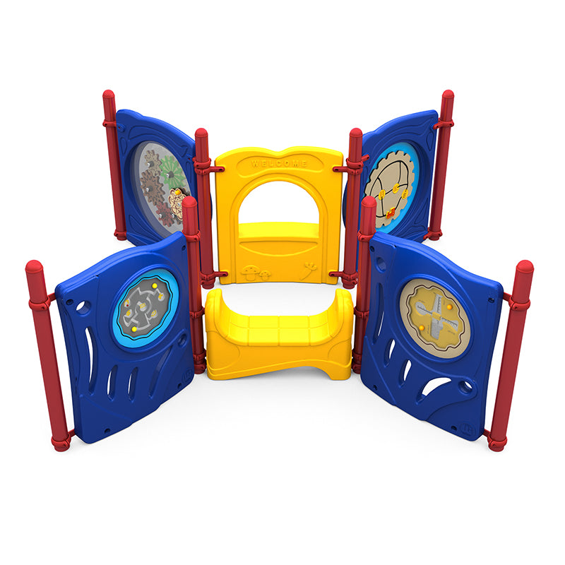 Colorful children's playground panel set with interactive gears, maze, counting beads, yellow bench, and red posts