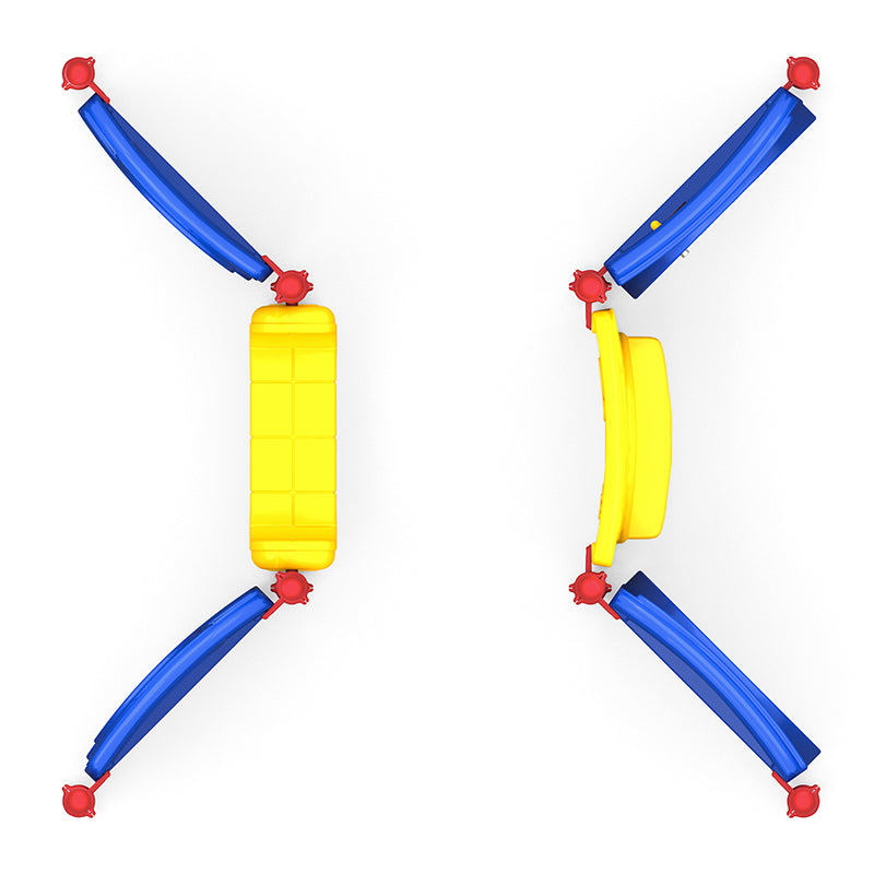 Overhead view of colorful playground with yellow central platform, blue slides, interactive panels, and play features