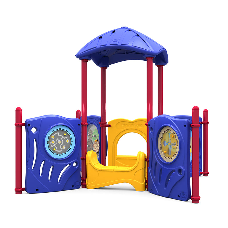 Kidz Corner Playground with primary leaf roof, interactive ABC and maze panels, blue play panels, and yellow saddle seat