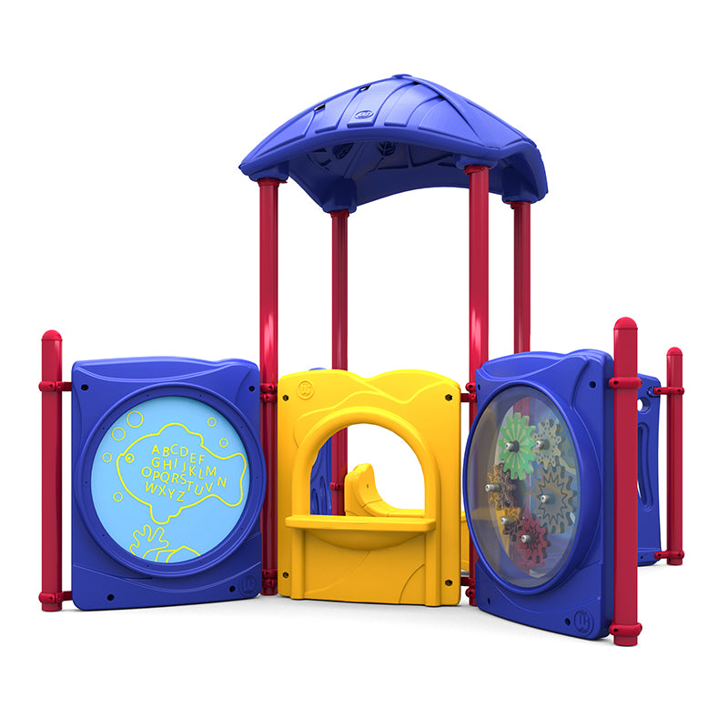 Colorful children's playground structure with interactive alphabet, maze, gears, counting panels, yellow saddle seat, and blue canopy