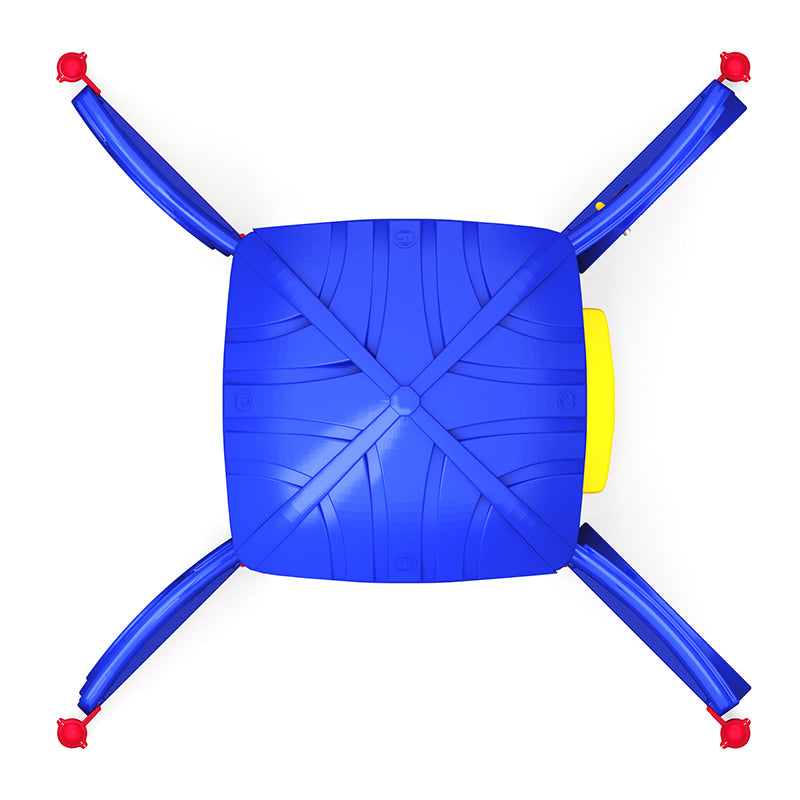 Overhead view of a blue playground structure with four slides capped in red and a yellow interactive panel on one side