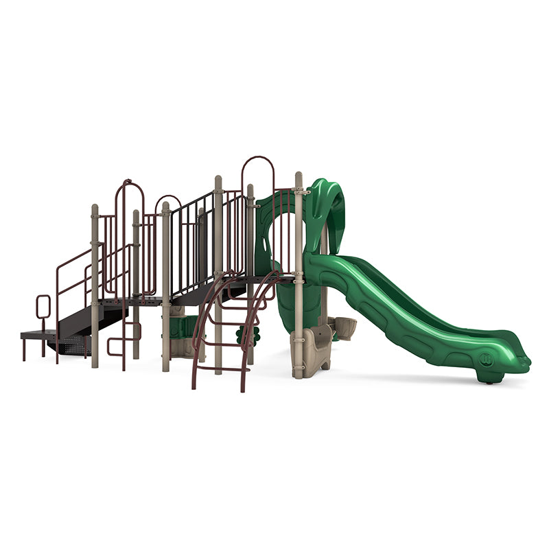 Outdoor playground structure with green double and single slides, climbing arches, snake climber, stairs, and interactive bongo and saddle seat elements.