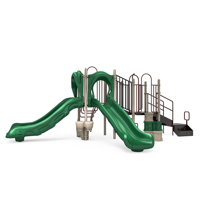 Speed Racer Playground with double green slides, arch climber, bongo drums, and stairs on neutral large play system
