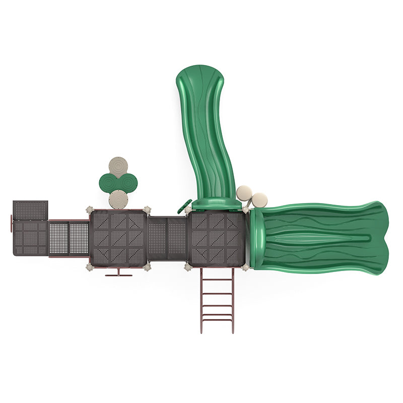 Overhead view of playground structure with two green slides, climbing ladder, and interactive play panels