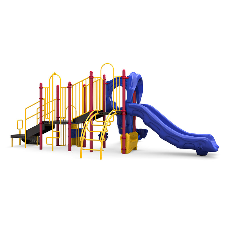 Colorful playground structure with blue double and single slides, yellow and red climbing bars, arch and snake climbers, and musical bongo elements.