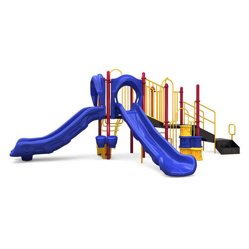 Colorful playground structure with two blue slides, yellow railings, climbing elements, and musical bongos.
