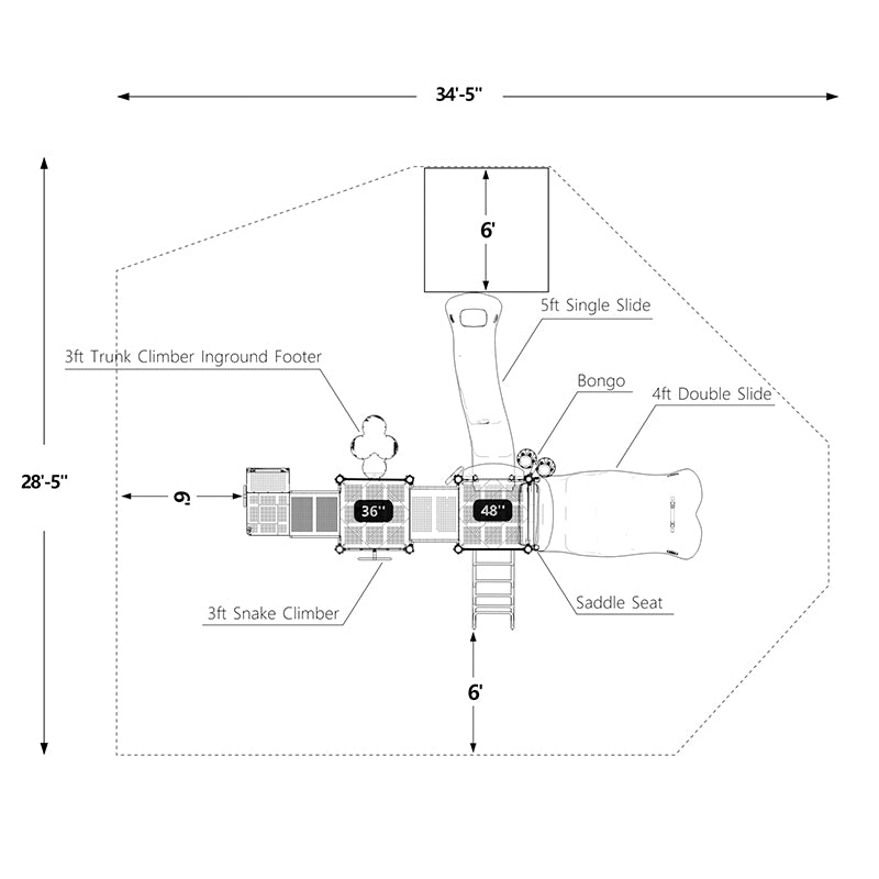 Overhead view of a large playground structure with single and double slides, trunk climber, snake climber, bongo, and saddle seat