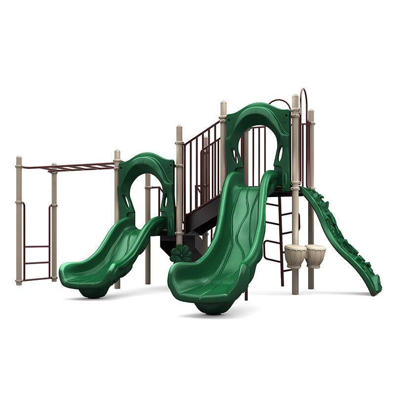 Jungle Play Playground with two green slides, rock climber, monkey bars, musical bongos, and neutral-toned play structure