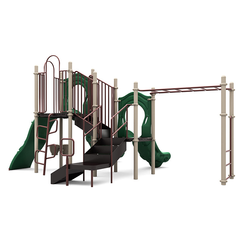 Modular playground structure with two green slides, stairway, climbers, and overhead monkey bars; tan posts and maroon rails