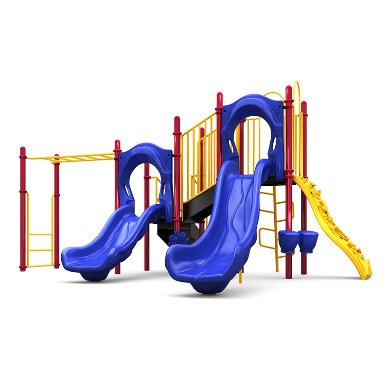 Colorful playground structure with two blue slides, yellow climbing wall, monkey bars, musical drums, and interactive play elements.