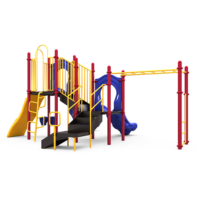 Colorful playground structure with two slides, climbing ladders, monkey bars, and interactive play elements in red, yellow, and blue.