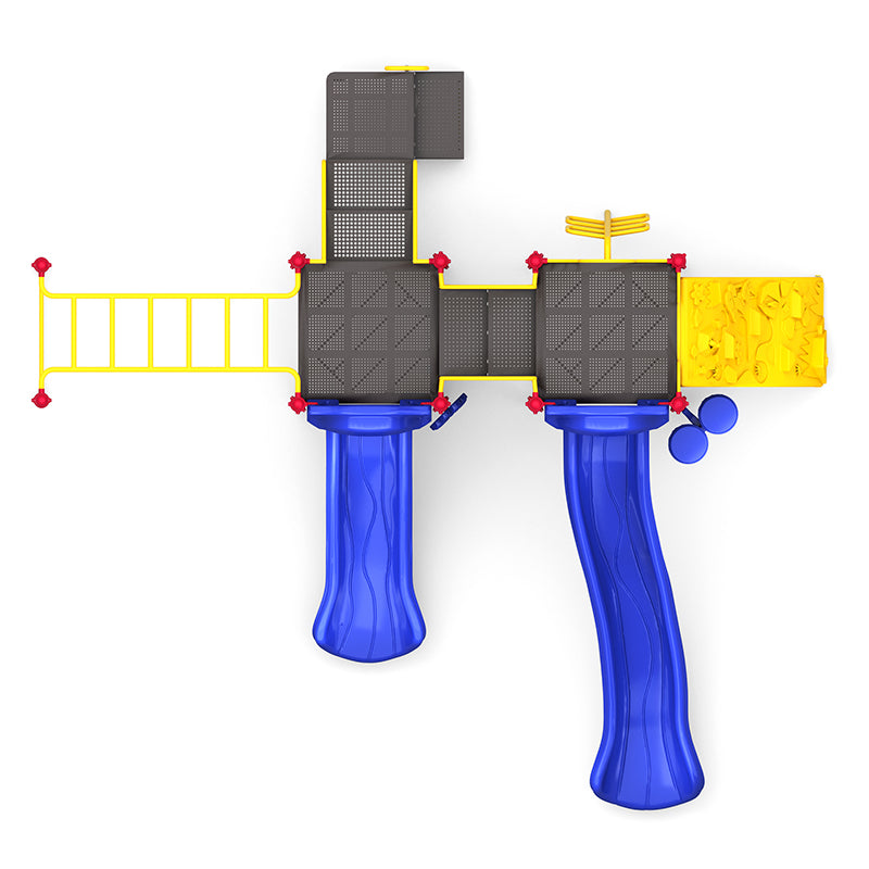 Overhead view of colorful playground with two blue slides, yellow climbing ladder, and interactive play panels