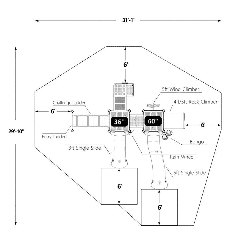 Overhead view of a large playground structure with two slides, climbers, ladders, a rain wheel, and a bongo musical element