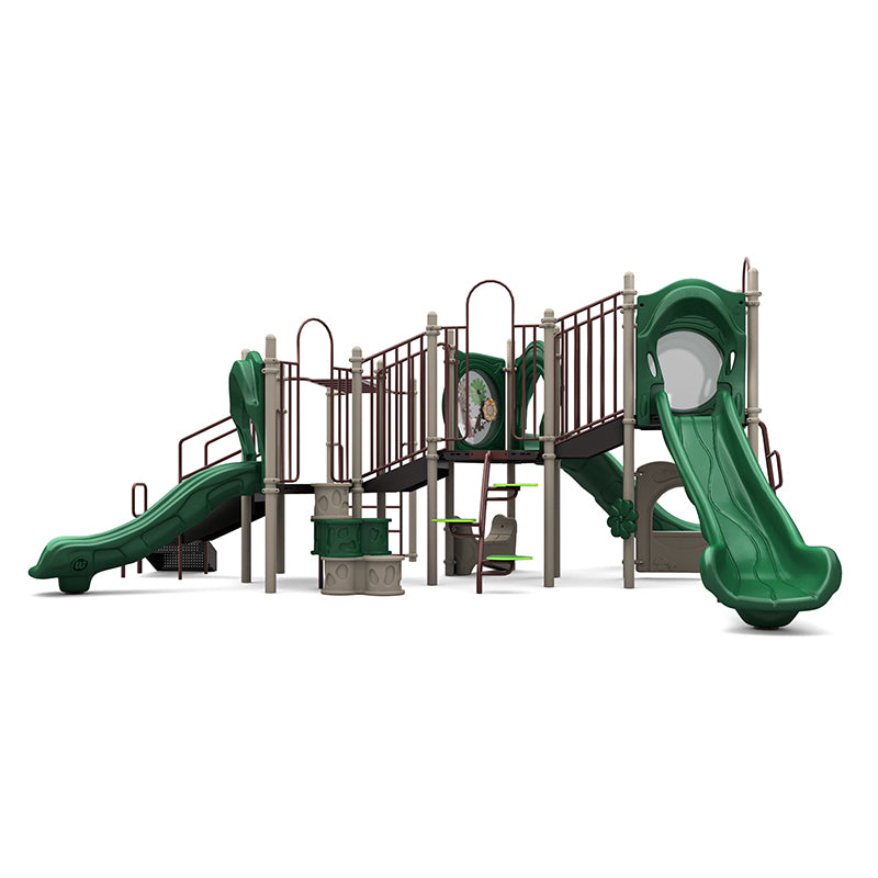 Neutral-toned playground structure with three green slides, multiple climbing ladders, interactive gears panel, and elevated platforms