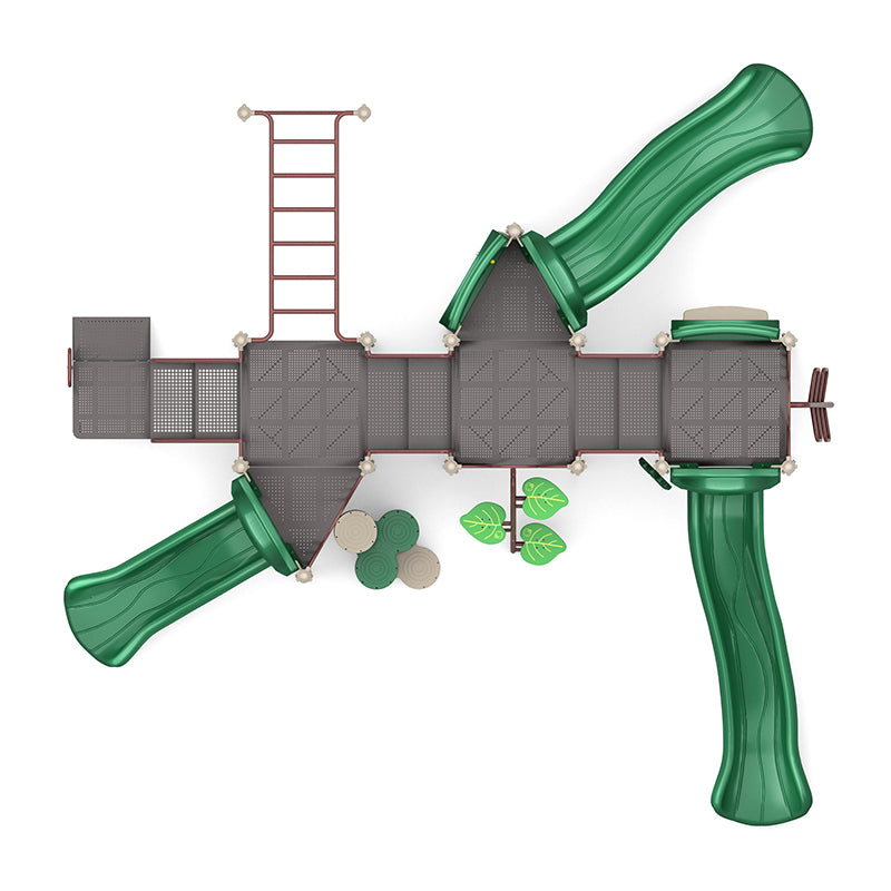 Overhead view of a large playground structure with three green slides, multiple climbing elements, and interactive play panels.