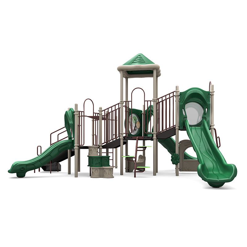 Neutral-toned playground structure with green triple slides, climbing ladders, interactive gear and rain wheel panels, and a pyramid roof