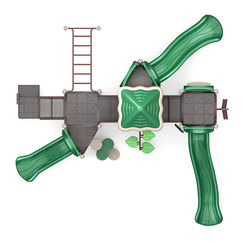 Overhead view of a large playground structure with three green slides, multiple climbers, interactive gears panel, and rain wheel.