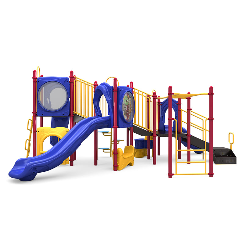 Colorful playground structure with blue slides, yellow and red climbing elements, interactive gears panel, and rain wheel for active play.