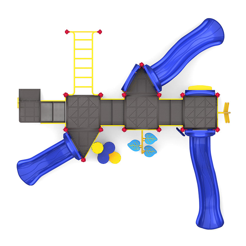 Overhead view of a large playground structure with multiple blue slides, yellow climbing ladders, and interactive play panels including gears and a rain wheel