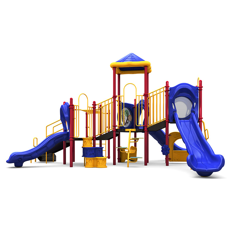 Mighty Magic Playground with primary pyramid roof, blue slides, yellow railings, red support posts, and multiple climbing features.