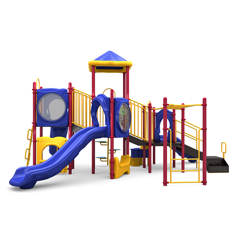 Colorful playground structure with blue slides, yellow climbing elements, red support posts, and interactive play panels including gears and rain wheel.