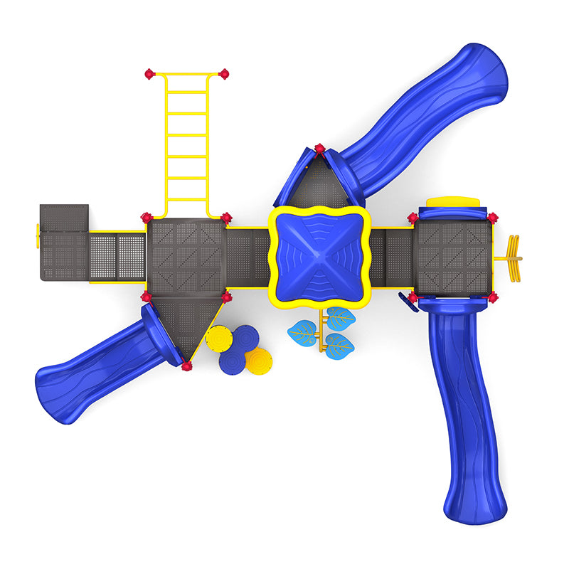 Overhead view of colorful playground with three blue slides, yellow climbing ladders, and interactive play panels