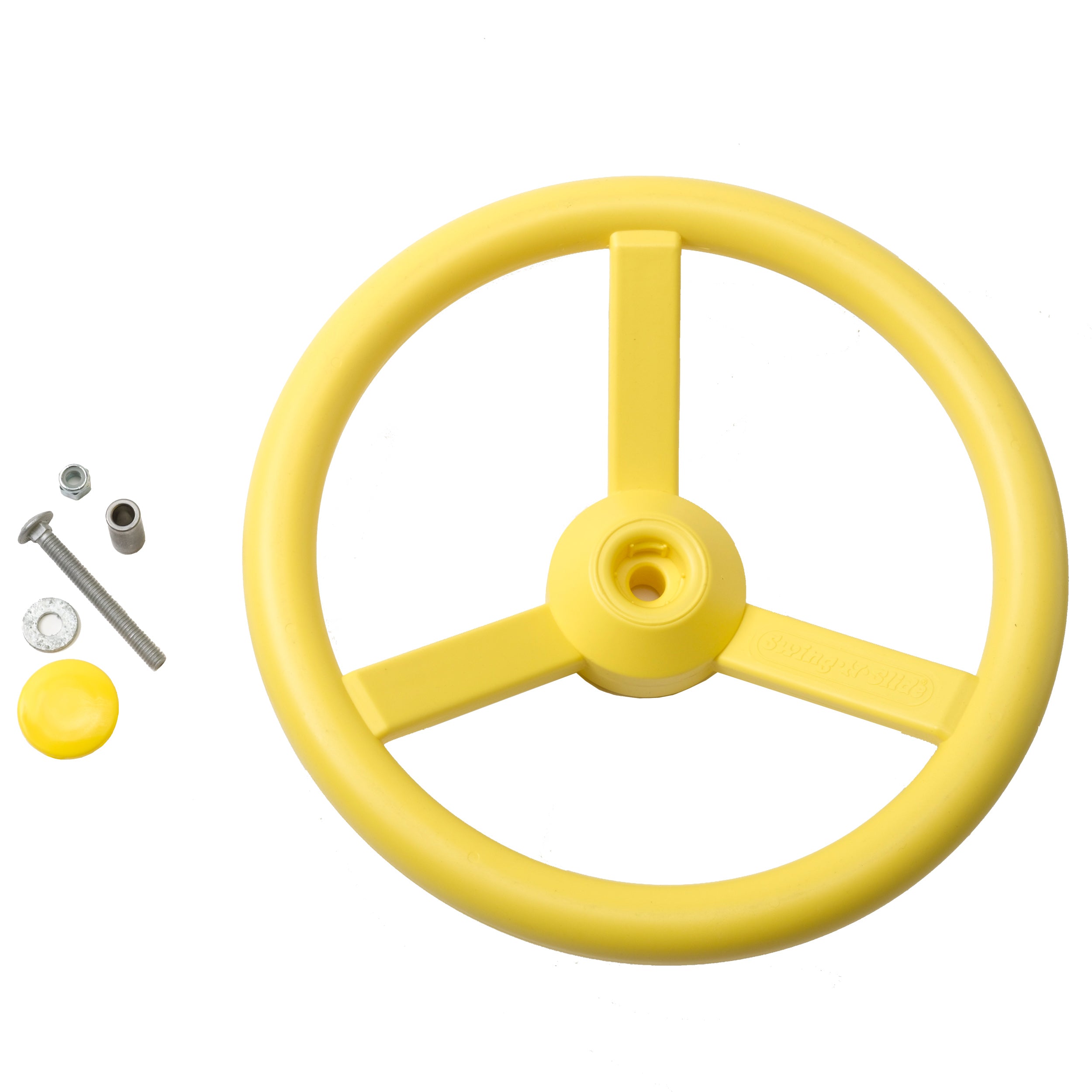 Overhead view of yellow plastic steering wheel with metal hardware and yellow cap for swing set accessory