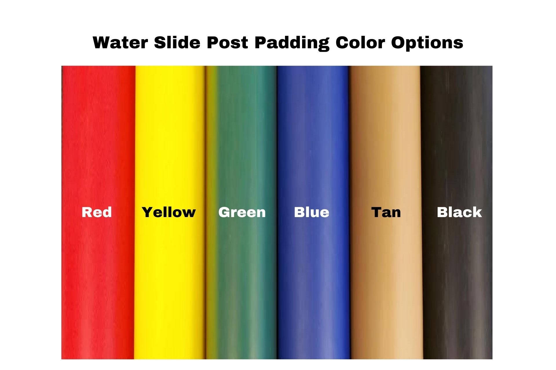 Colorful padded posts in red, blue, green, and yellow, designed for the Lake Superior Water Slide, displayed against a white background.