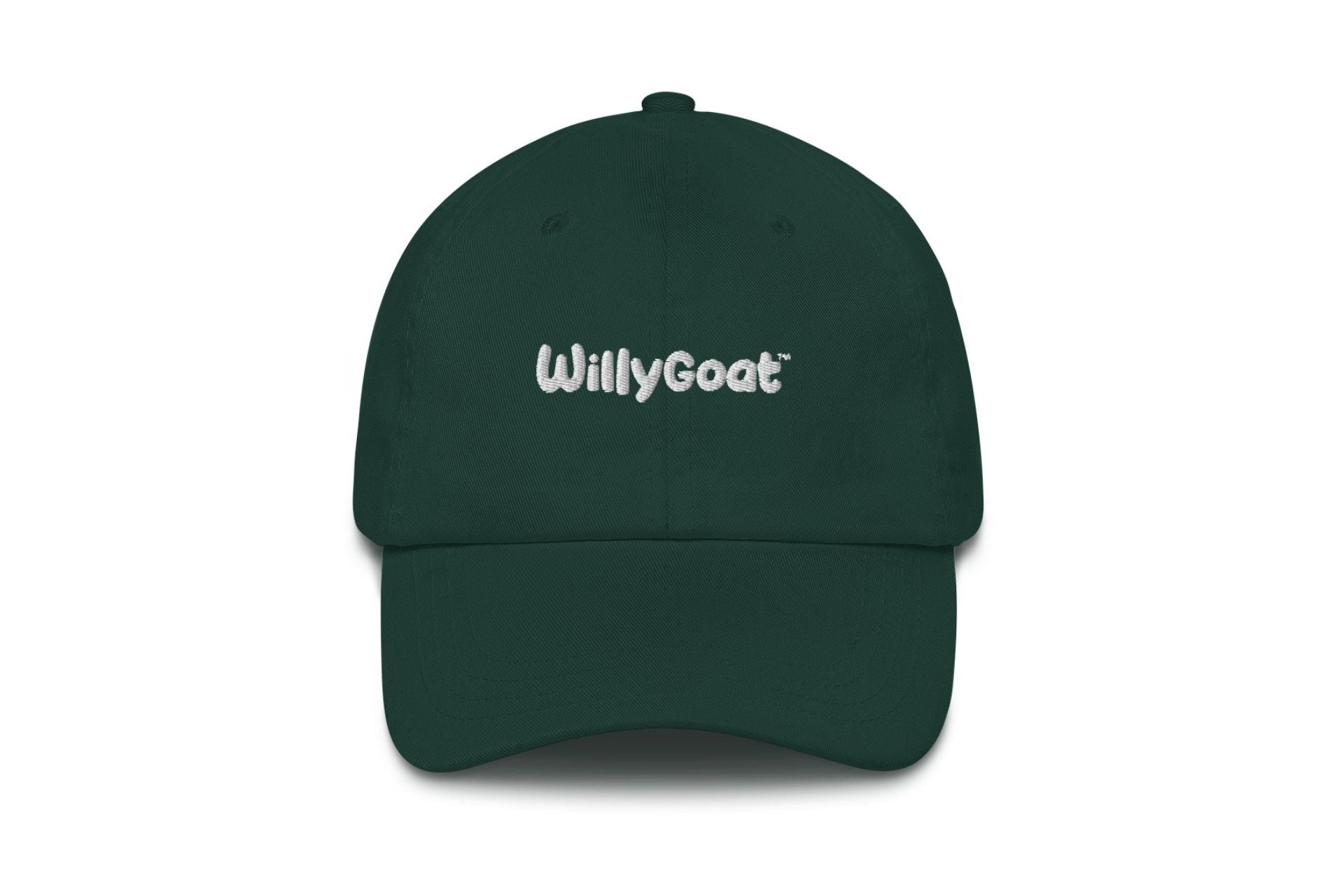 Dark green chino cotton twill ballcap with low-profile unstructured design, embroidered logo, and adjustable strap with antique buckle