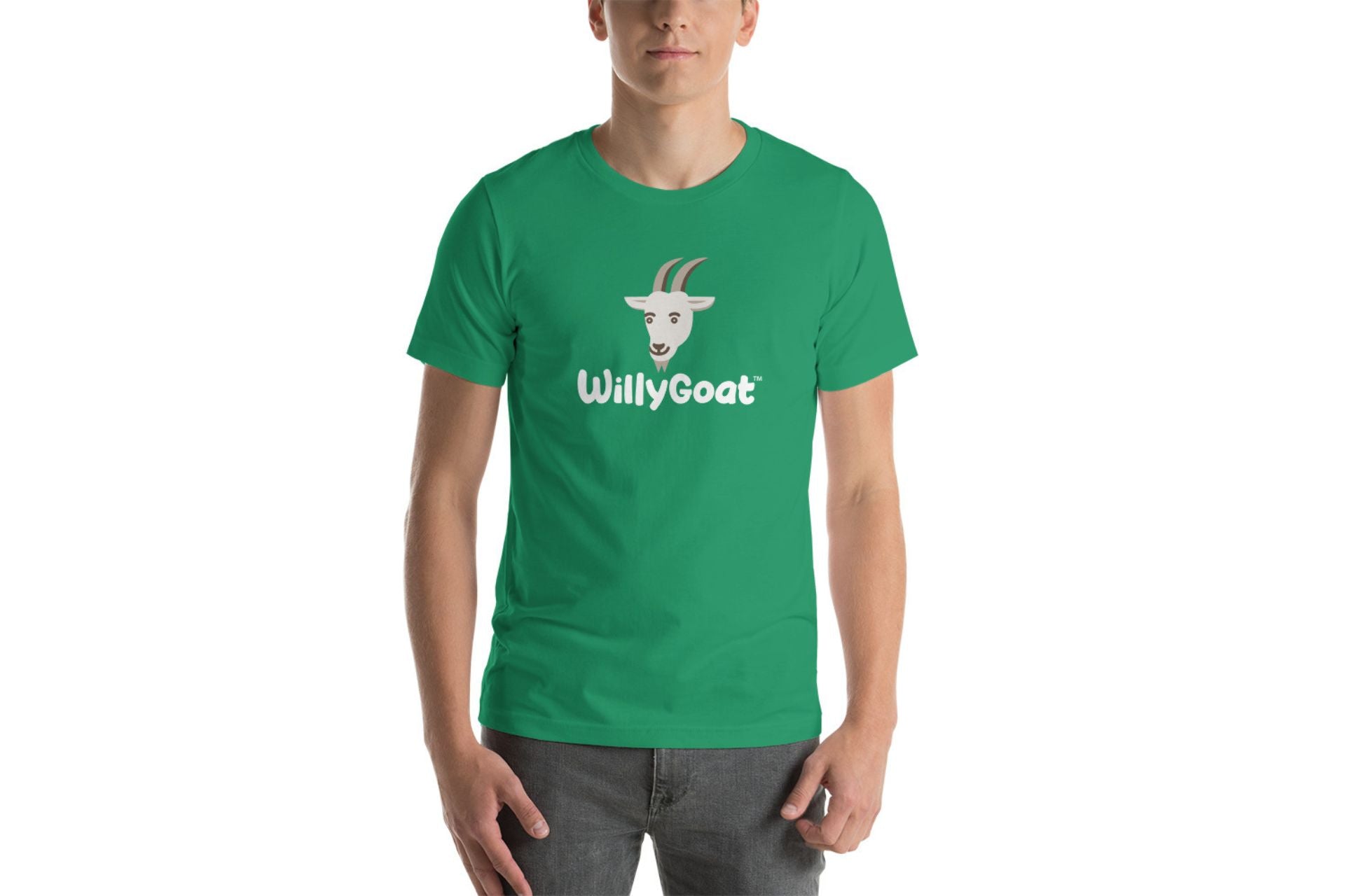 Green cotton t-shirt with white and brown goat head graphic and text logo on the chest, soft and lightweight fabric
