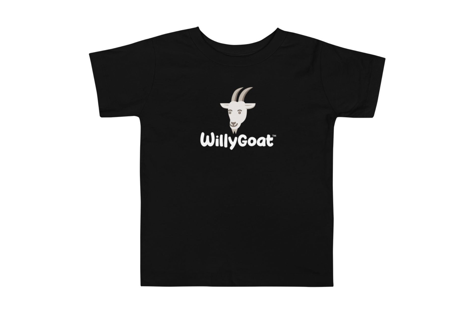 Black toddler t-shirt with a centered cartoon goat head and bold white brand text on front