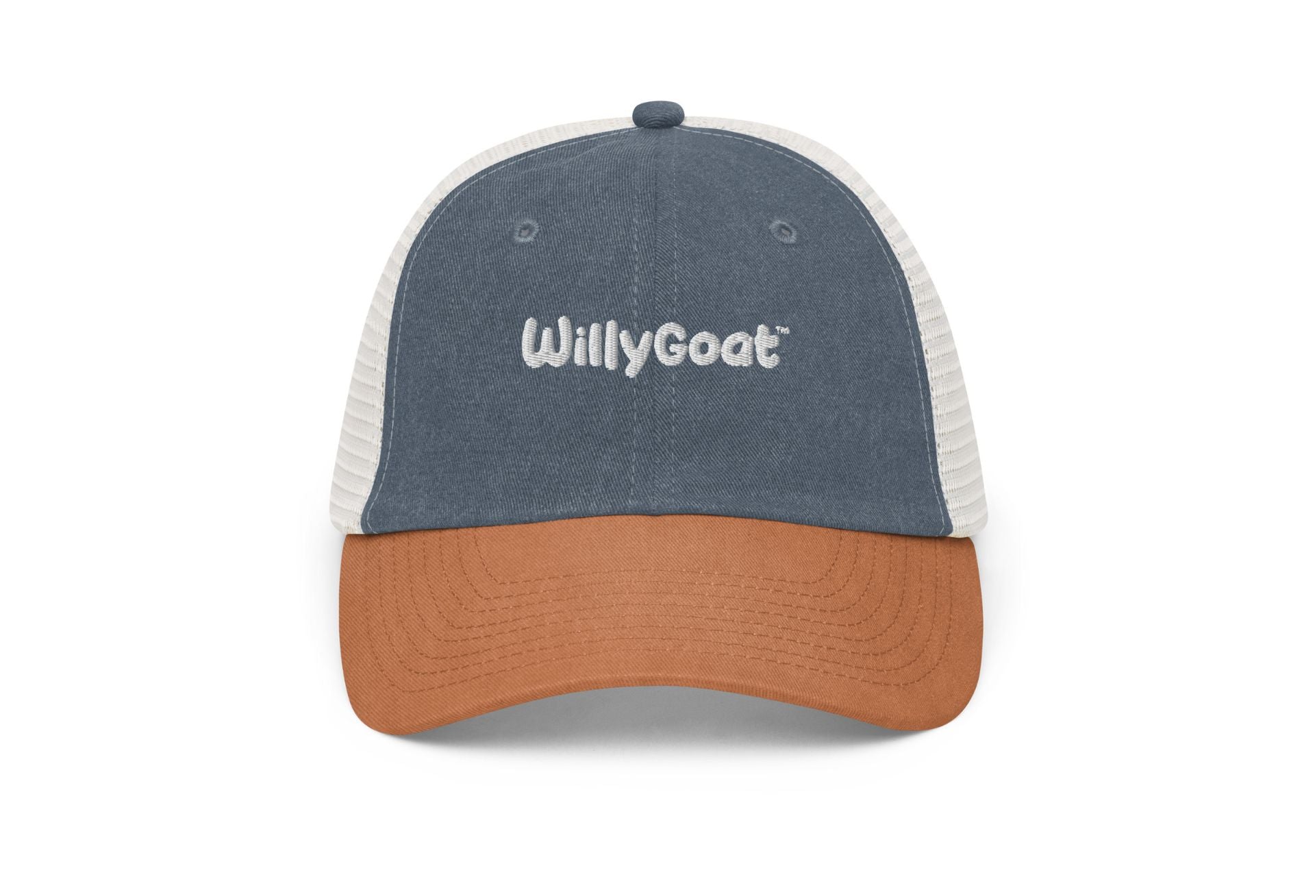 Vintage-style trucker hat with blue pigment-dyed twill front, white mesh back, brown pre-curved visor, and low-profile six-panel design.