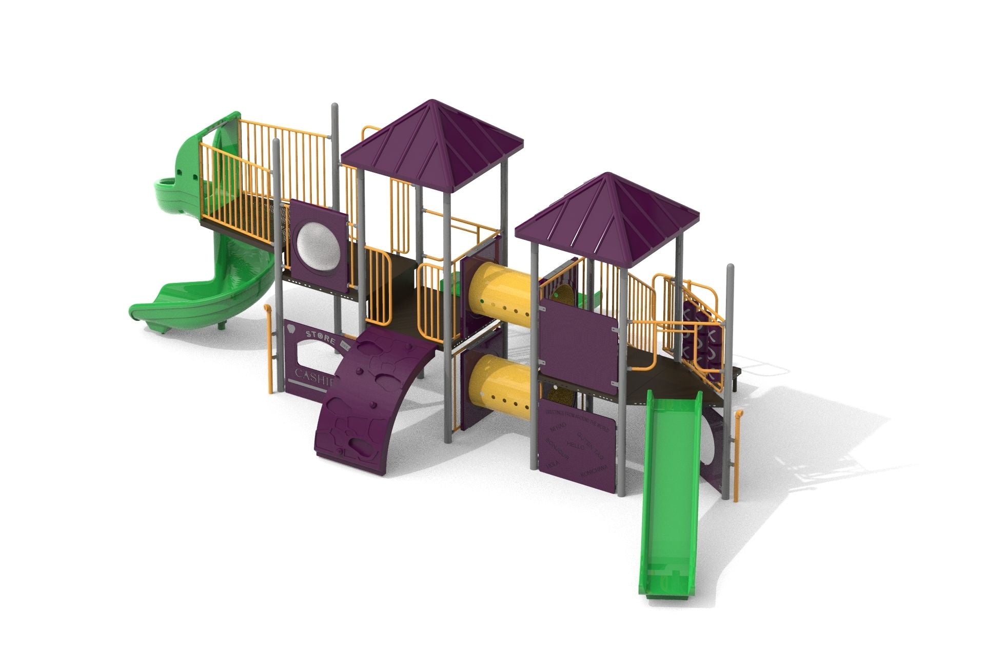 Outdoor playground with green slides, purple climbing panels, yellow tunnels, and orange railings for active play and exploration