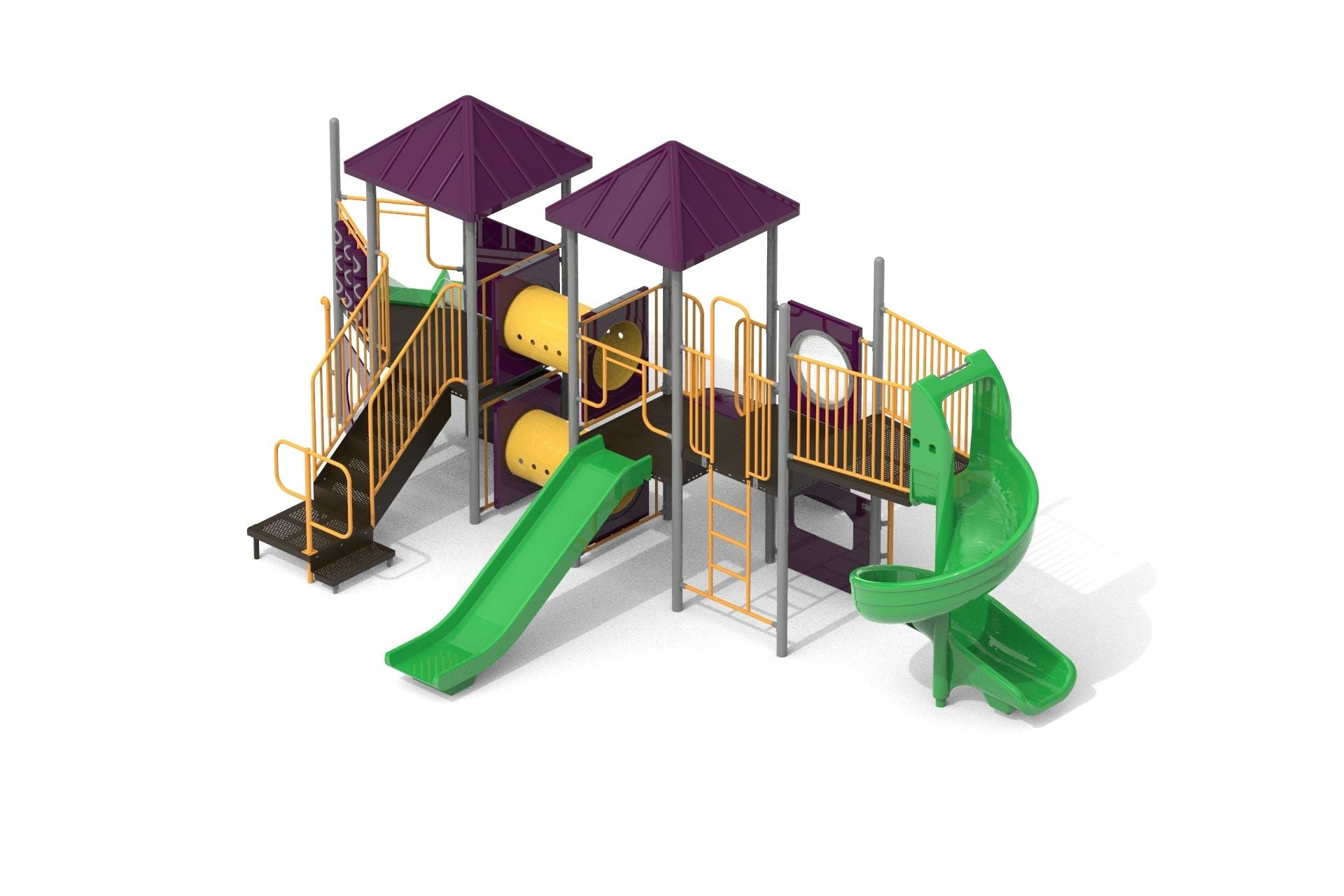 Outdoor playground with green slides, yellow climbing tubes, purple roofs, and orange railings promoting active play and exploration.