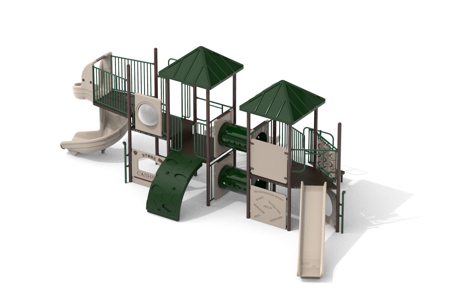 Outdoor playground structure with green and beige slides, climbing wall, tunnels, and interactive play panels