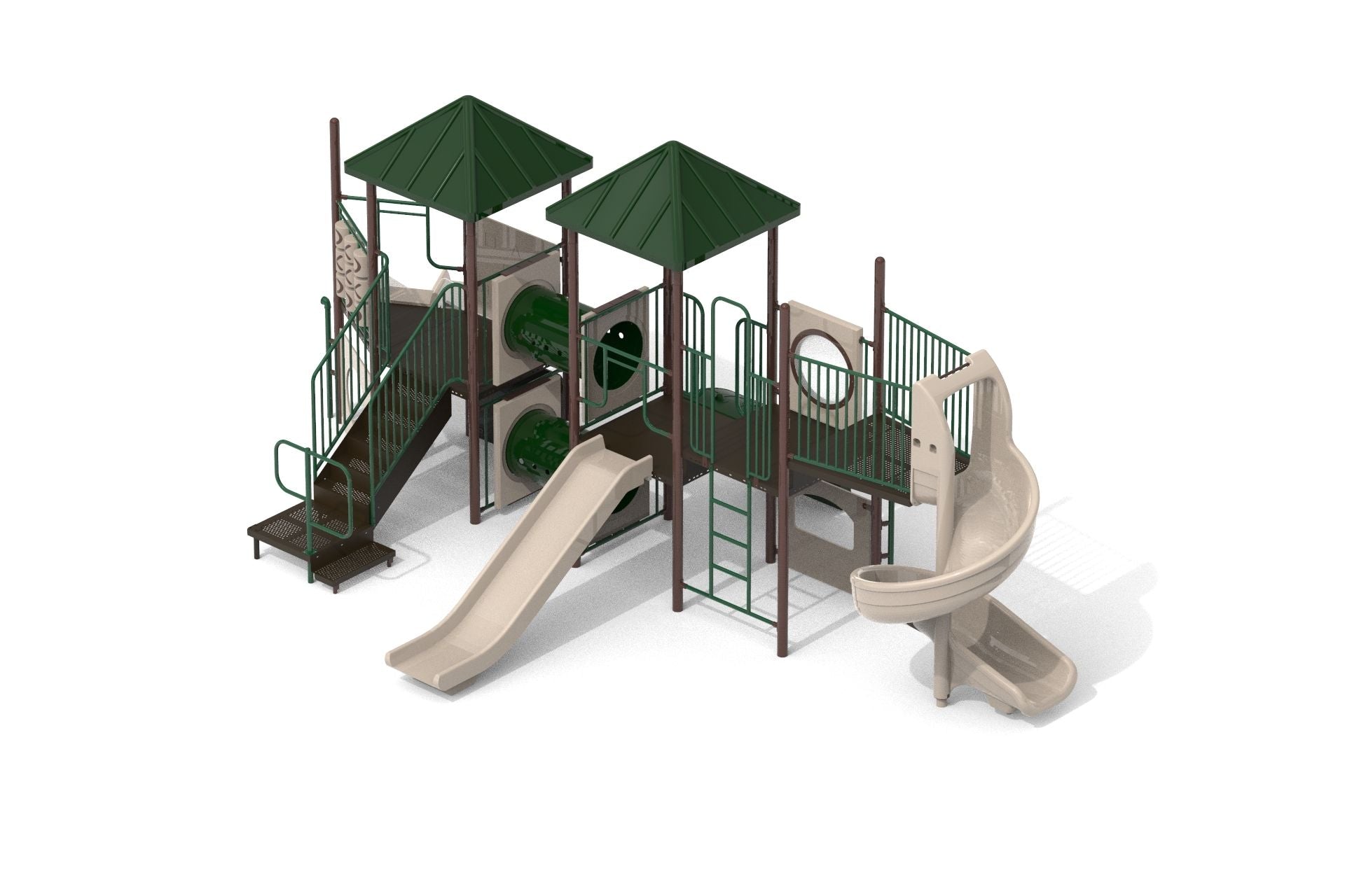 Wind Cave WillyGoat Playground with green roofs, beige slides, climbing ladder, and tunnel connectors in outdoor natural playset