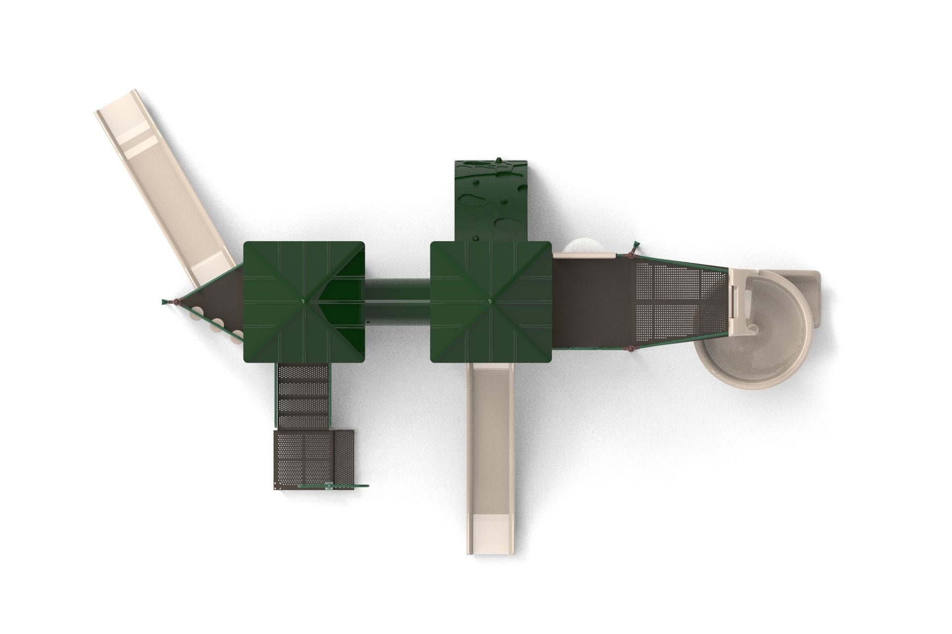 Overhead view of outdoor playground with green roofs, beige slides, climbing wall, and interconnected platforms