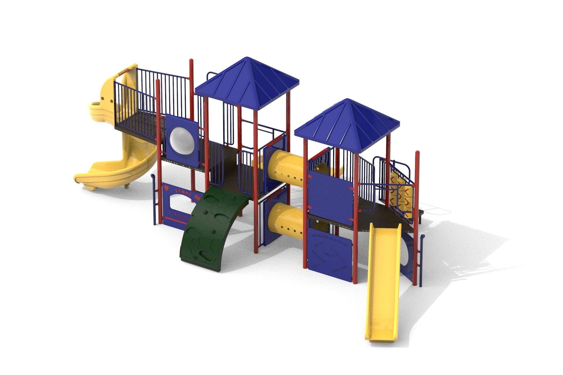 Outdoor playground with blue roofs, yellow slides, green climbing wall, and interactive play panels