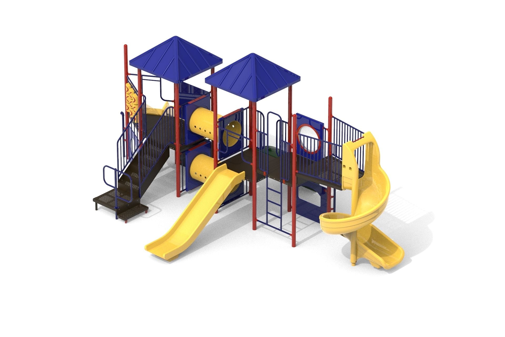 Outdoor playground with blue roofs, red posts, yellow slides, climbing ladder, and tunnel connectors for active play and exploration