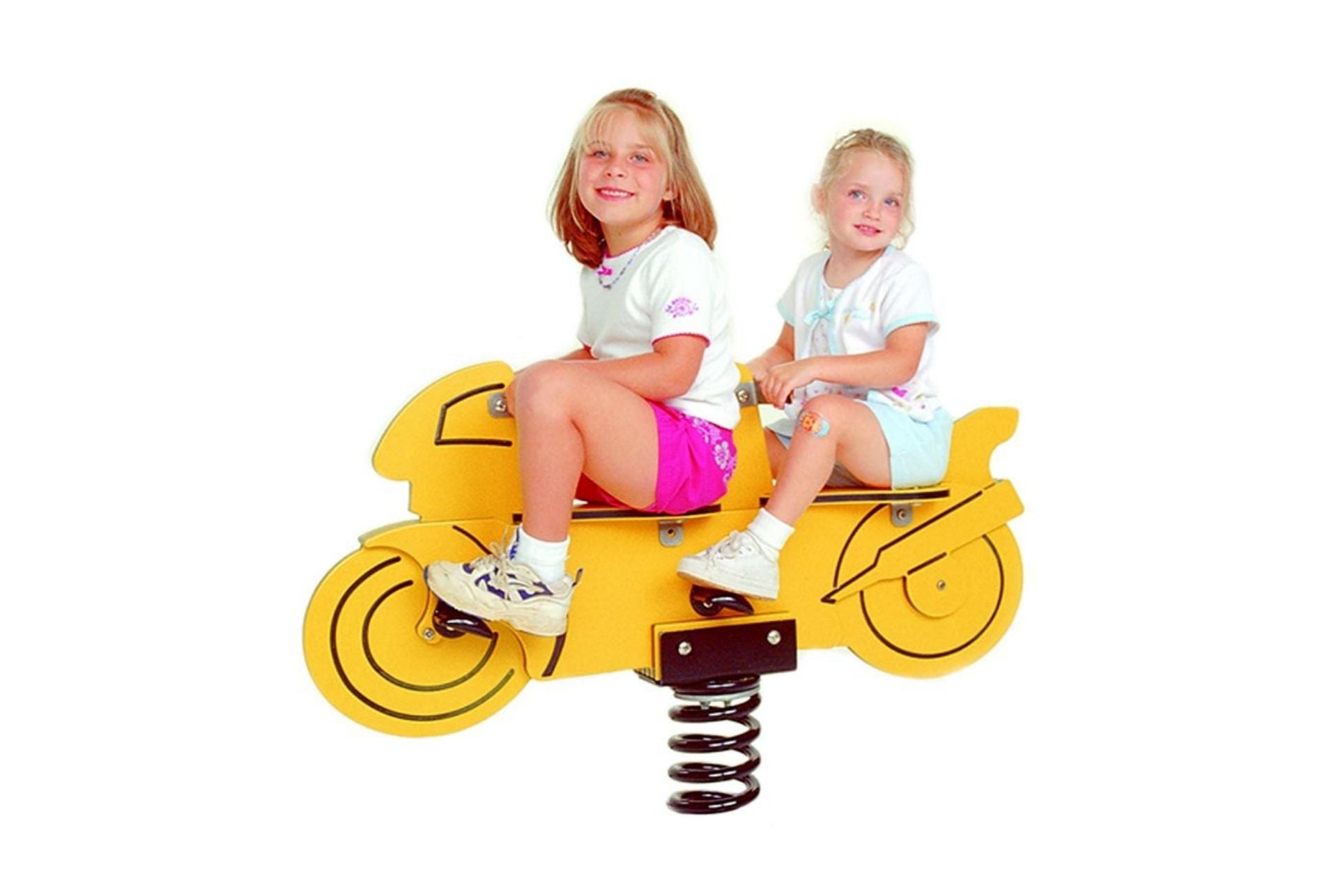 Yellow Motorcycle 2 Person Spring Rider playground equipment in bright yellow with two children seated, featuring dual steering wheels and foot rests