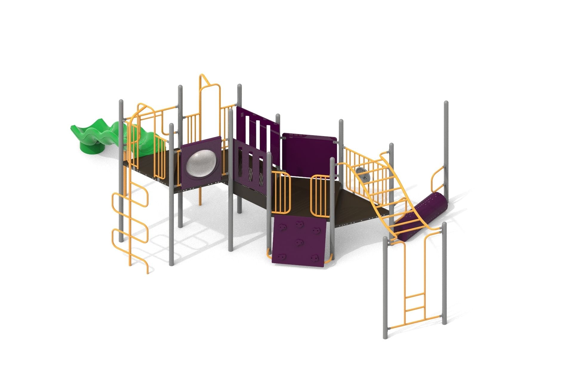 Outdoor climbing playground with slides, ladders, climbing walls, and interactive panels in green, purple, and yellow colors