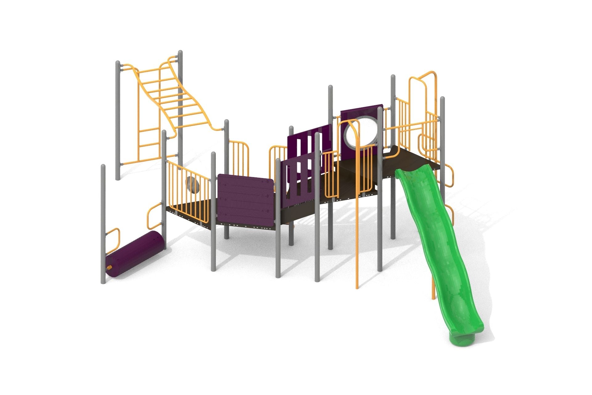 Outdoor climbing playground with green slide, yellow climbing bars, and purple interactive panels on gray posts