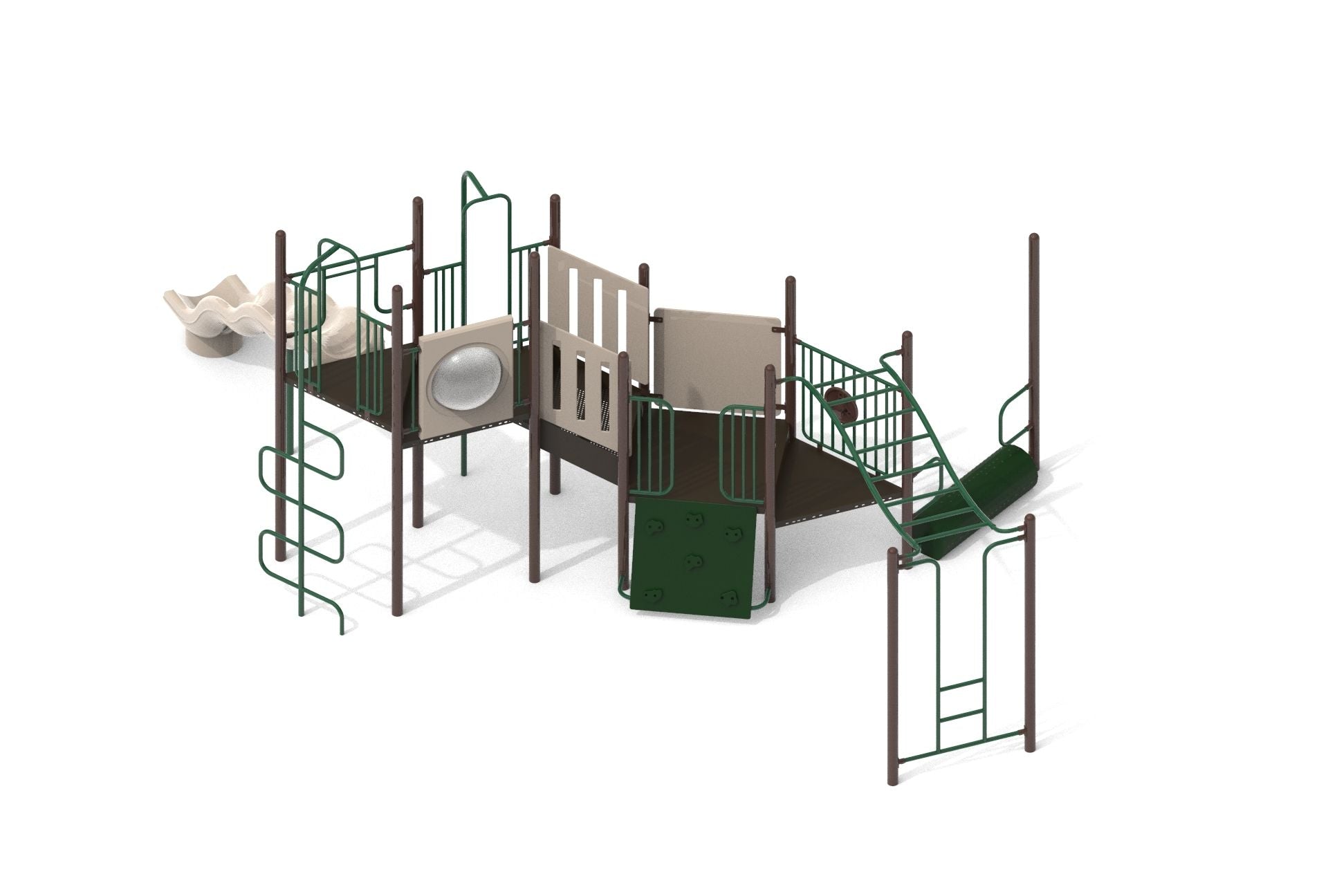 Outdoor climbing playground with slides, climbing walls, ladders, and interactive panels in green and beige tones