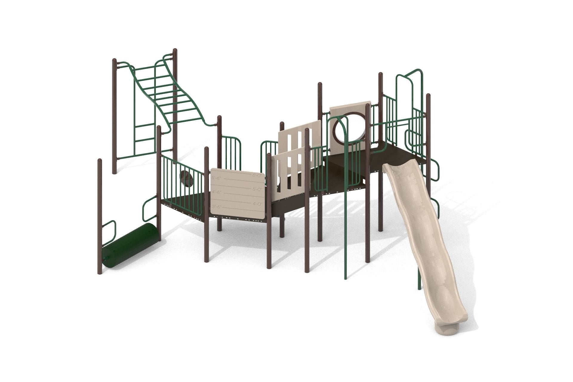 Yosemite WillyGoat Climbing Playground with beige slide, green climbing bars, and interactive panels in natural outdoor setting