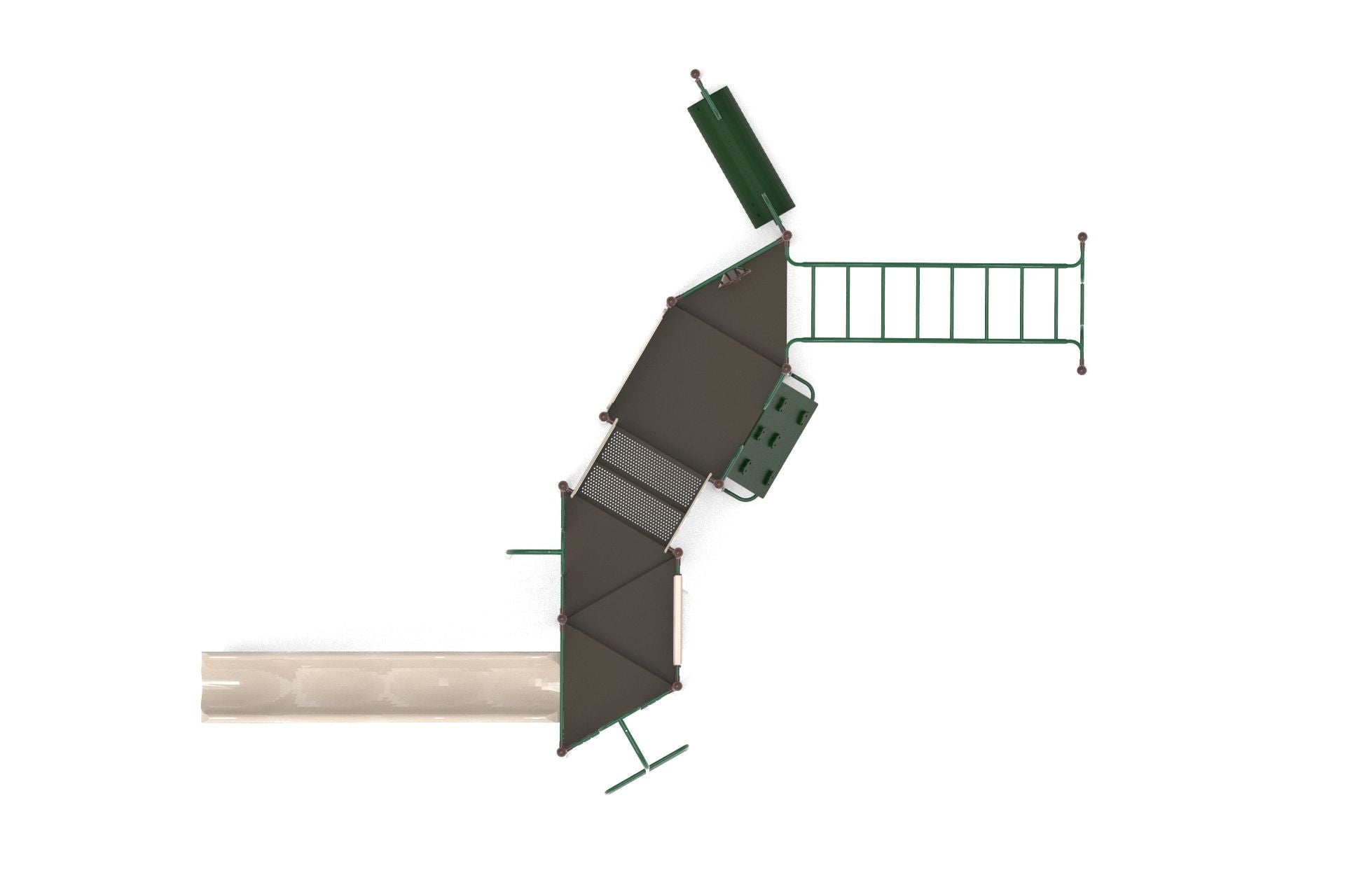 Overhead view of a green and beige outdoor climbing playground with slides, monkey bars, and interactive climbing panels
