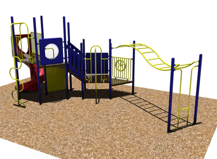 Outdoor climbing playground with slides, monkey bars, climbing ladders, and interactive panels in blue and yellow