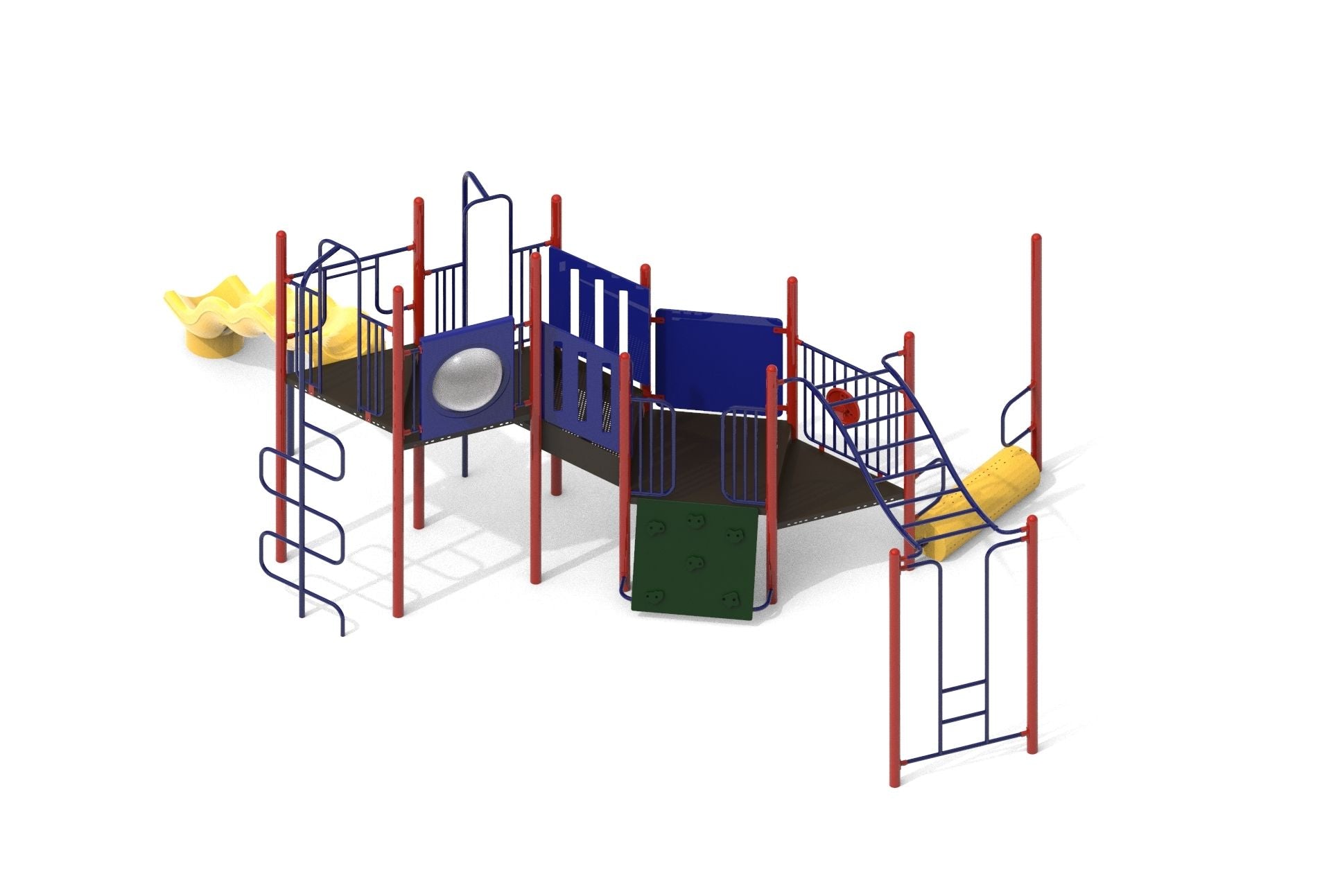 Outdoor climbing playground with colorful slides, climbing wall, and interactive panels in red, blue, yellow, and green.