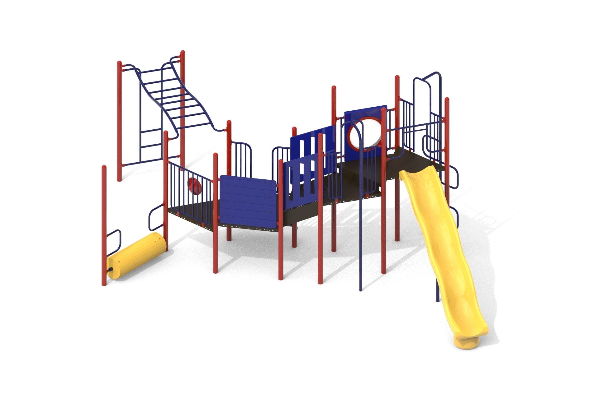 Outdoor climbing playground with red and blue metal frame, yellow slide, monkey bars, and interactive panels.