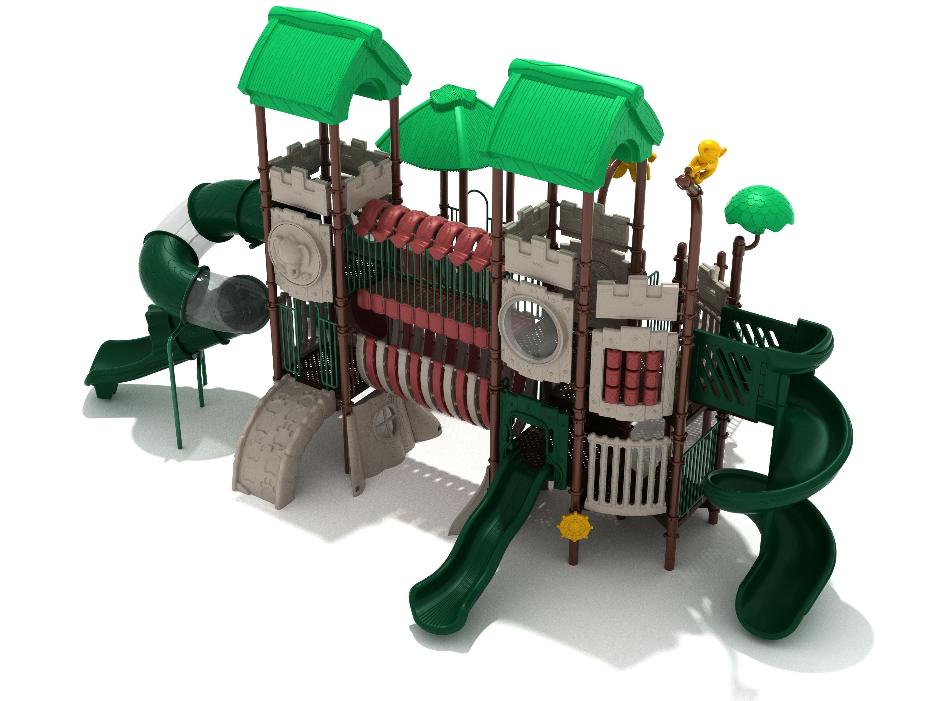 Large green and beige playground structure with multiple slides, climbing panels, bridges, and roofed towers