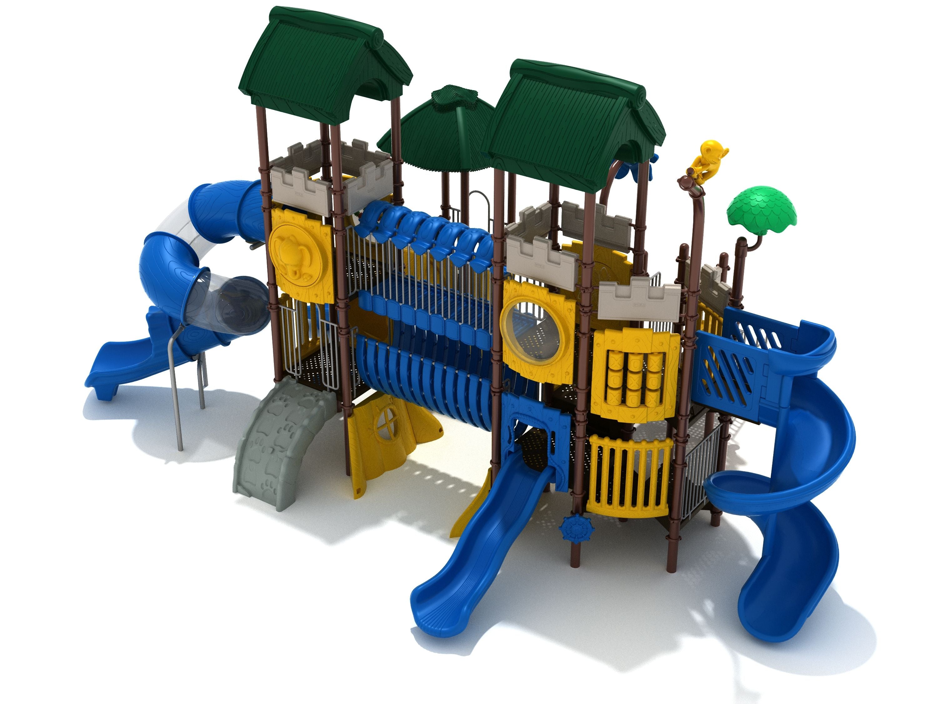 Zipping Zebra Playground with green roofs, blue spiral tube slide, yellow activity panels, climbing features, and multiple decks